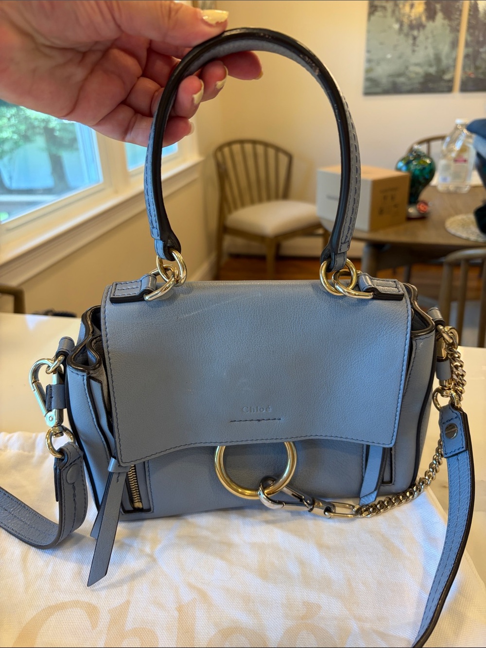 Chloé Faye Small Leather Crossbody in Dusty Blue - Picture 4 of 14